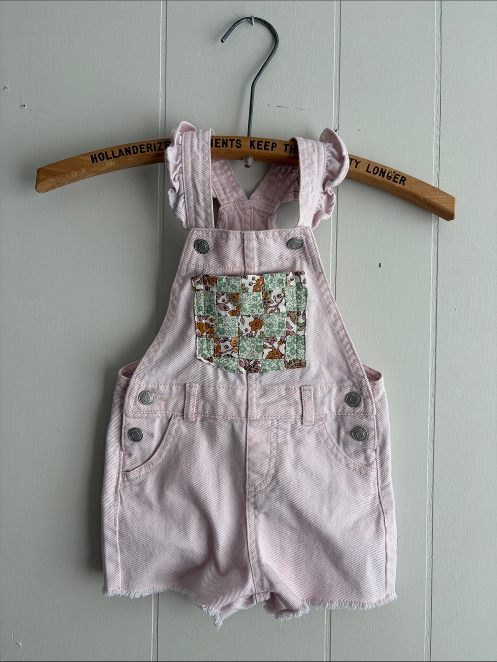 Patchwork Toddler Short Overalls with Floral Patch Pockets